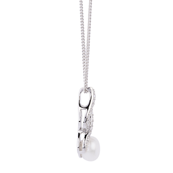 Silver Fresh Water Pearl and Cubic Zirconia Swoop Pendant