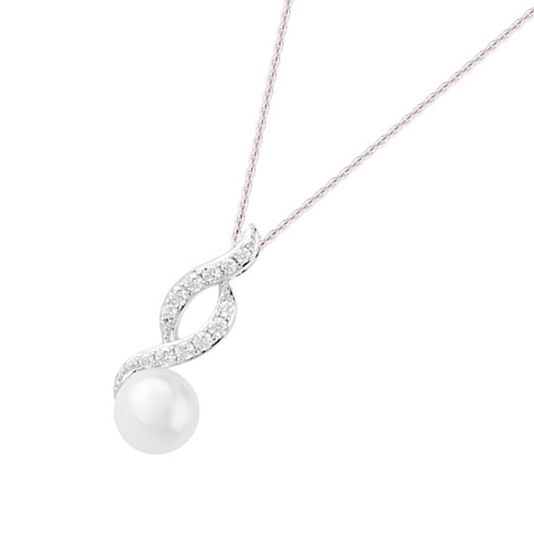 Silver Fresh Water Pearl and Cubic Zirconia Swoop Pendant